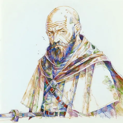 <lora:tmari:1>, tmari, sketch, traditional media, ballpen drawing, white background, 1boy, bald, beard, brown hair, cape, dwarf, facial hair, solo, sword, tattoo, weapon