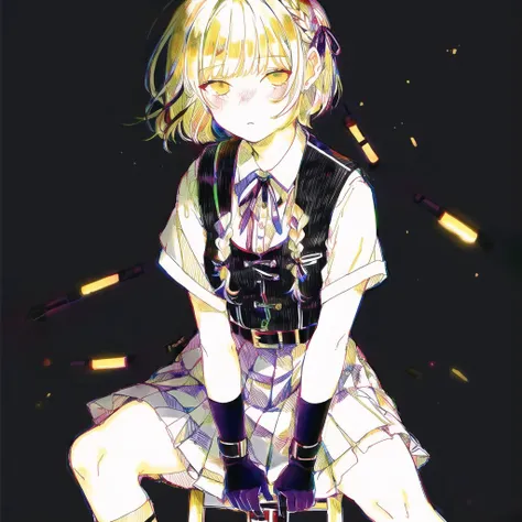 <lora:tmari:1>, tmari, sketch, traditional media, ballpen drawing, white background, 1girl, ahoge, alternate costume, bangs, belt, black footwear, black gloves, black legwear, black ribbon, black skirt, black vest, blonde hair, braid, braided bun, breasts, buckle, chair, corset, cosplay, dress shoes, eyebrows visible through hair, eyes visible through hair, gloves, glowing, gun, hair between eyes, hair ribbon, half gloves, highres, holding, holding gun, holding weapon, holster, legs crossed, light particles, looking at viewer, medium breasts, miniskirt, on chair, parted lips, pleated skirt, ribbon, shirt, short hair, short sleeves, sidelocks, sitting, skirt, sleeves folded up, solo, striped vest, thigh holster, tsurime, vest, weapon, welrod mk2 \(girls frontline\) \(cosplay\), yellow eyes