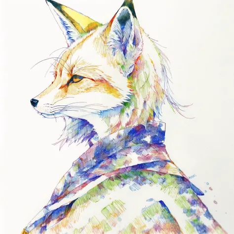 <lora:tmari:1>, tmari, sketch, traditional media, ballpen drawing, white background,
10s, androgynous, animal, animal on shoulder, cape, fox, japanese clothes, profile, upper body