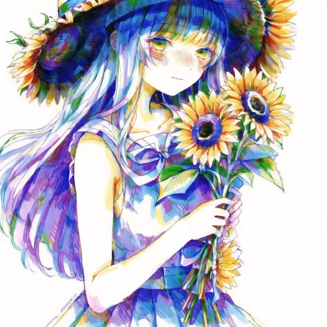 <lora:tmari:1>, tmari, sketch, traditional media, ballpen drawing, white background,
1girl, bare arms, blue ribbon, bouquet, bow, collarbone, dress, flower, grey dress, hat, hat bow, holding, holding bouquet, long dress, long hair, looking at viewer, purple bow, purple hair, ribbon, sleeveless, sleeveless dress, solo, standing, straight hair, straw hat, sun hat, sundress, sunflower, very long hair, yellow eyes, yellow flower, yellow headwear