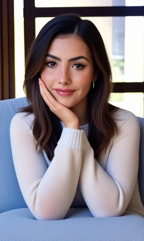 Medium close-up, photograph of a very happy 4ndre4 wearing a sweater and chillin on a couch in her living room, brunette hair, leaning her head on her hands, UHD, natural light, realistic <lora:LCM 1.5:1> <lora:4ndre4_Botez:1.1>