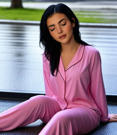 Girl with big natural tits, great size, wears silk shirt. 