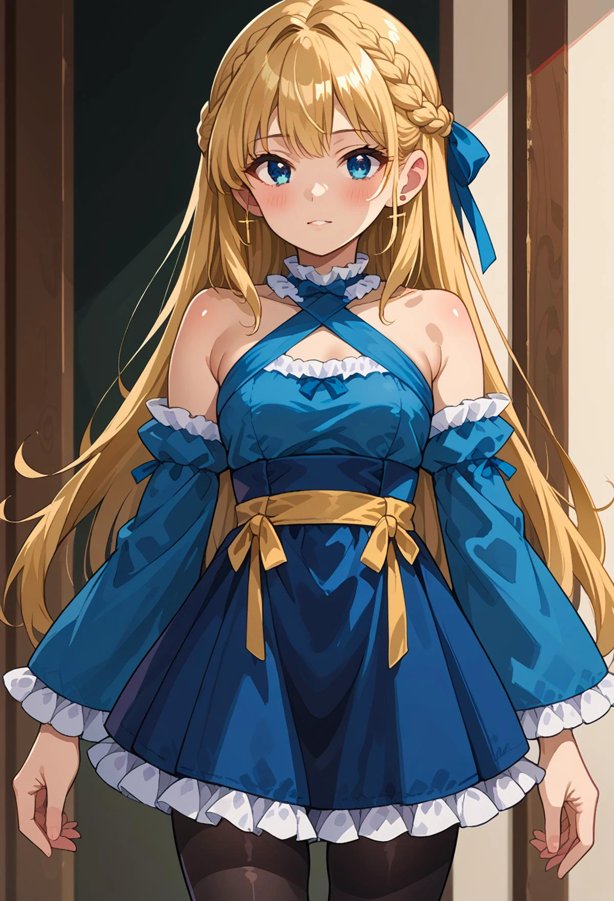score_9, score_7_up, source_anime, BREAK <lora:saeki_tatsuya _style_pony6_v1:0.8> <lora:mxmarina:1> mxmarina, french braid, half updo, Hair ribbon, frilled choker, criss-cross halter, sleeveless dress, high-waist skirt, backless dress, blue dress, waist blue bow, detached sleeves, frilled sleeves, wide sleeves, blue sleeves, black pantyhose, patterned legwear, pinstripe pantyhose, mary janes,