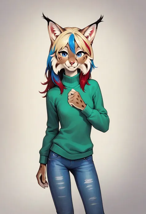 digital_media_(artwork) hi_res, score_9, score_8_up, score_7_up, score_6_up, score_5_up, score_4_up, rating_safe, anthro, furry, female, furry female, detailed textured fur, fur tufts, lynx, slim, slender, small breasts, cute, sweater, denim jeans, multicolor hair, streaked hair, red hair, blue hair, blonde hair, blonde fur, detailed blue eyes, smile, solo, SFW,