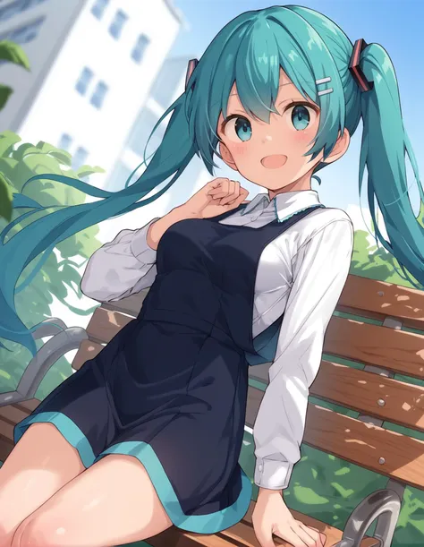 score_9, score_8_up, score_7_up,score_6_up,score_5_up,score_4_up,  1girl sitting on a park bench, dutch angle, smile, open mouth, blush, (hatsune miku:0.8), shirt, white shirt, hairclip, dress, blue dress, pinafore dress, hair ornament, long sleeves, sleeveless dress, collared shirt, pleated dress, dress shirt, short dress, medium breasts, 
 <lora:saeki_tatsuya_style_pony6_v1-000036:.9>