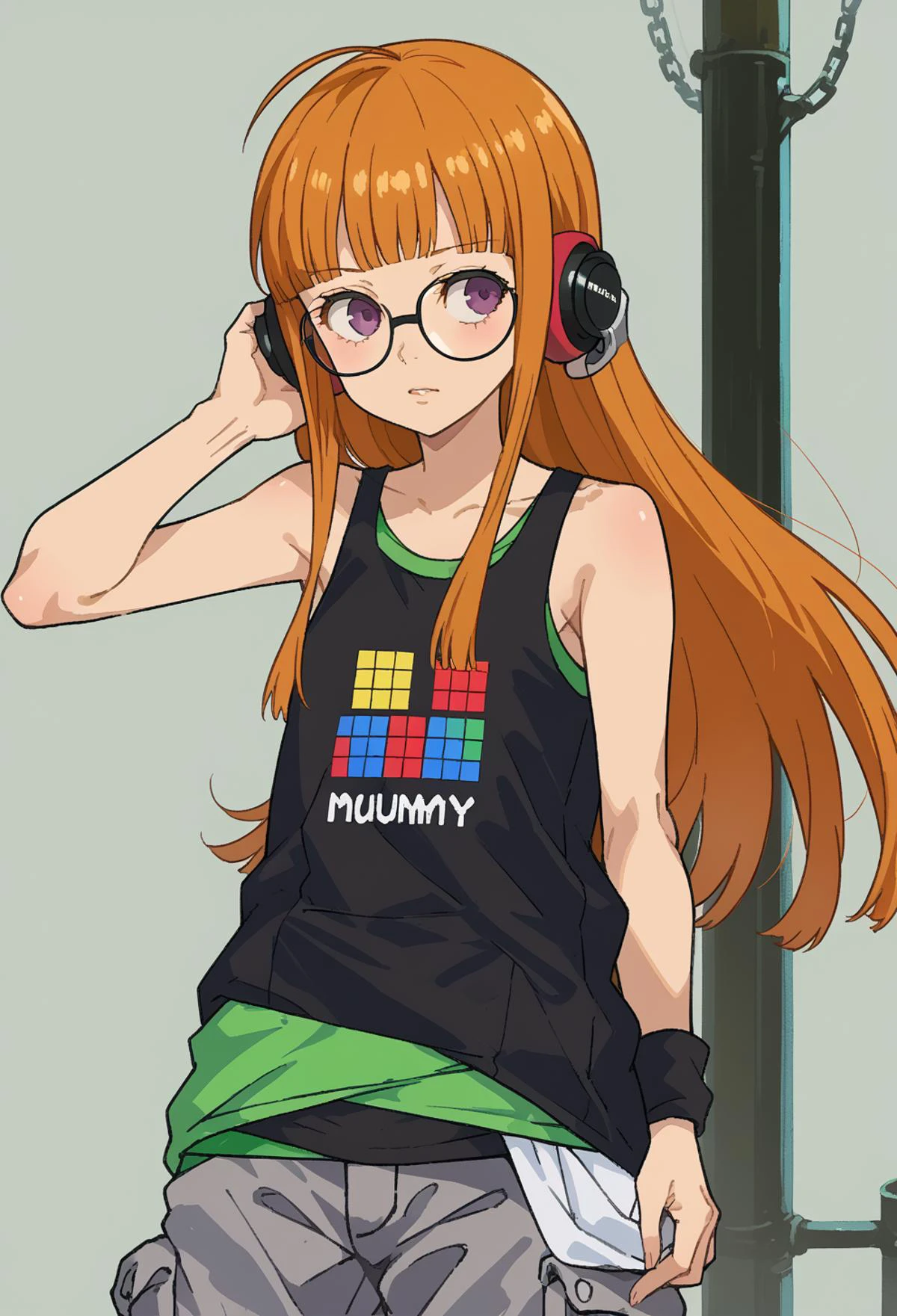 score_9, score_7_up, source_anime, BREAK <lora:saeki_tatsuya _style_pony6_v1:0.8> <lora:zs_FutabaXL:1> futabasummer, orange hair, long hair, blunt bangs, glasses, ahoge, purple eyes, behind-the-head headphones, black tank top, grey cargo pants, straight-on,