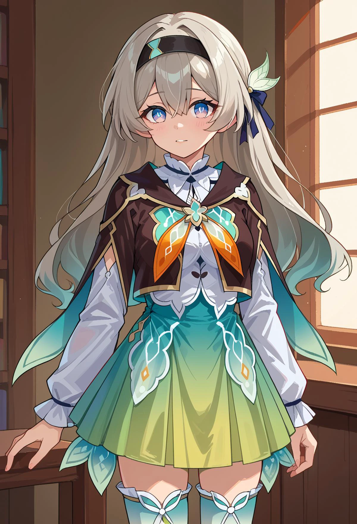score_9, score_7_up, source_anime, BREAK <lora:saeki_tatsuya _style_pony6_v1:0.8> <lora:ChamFireflyV2PonyXL:1> FireflyDefault, blue pupils, long hair, black hairband, hair ornament, brown capelet, frilled collar, white shirt, long white sleeves, green skirt, gradient thighhighs,