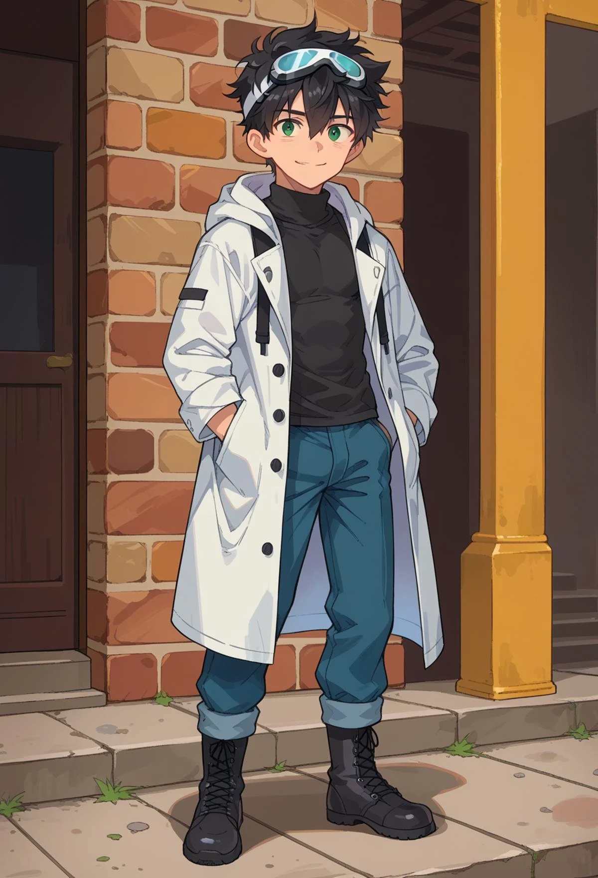 score_9, score_7_up, source_anime, BREAK <lora:saeki_tatsuya _style_pony6_v1:0.8>, solo, smile, 1boy, green eyes, short hair, black hair, bangs, hair between eyes, messy hair, (goggles on head:1.2),, headband, white coat, hooded coat, hood down, open coat, turtleneck, capri pants, pants, black knee boots,