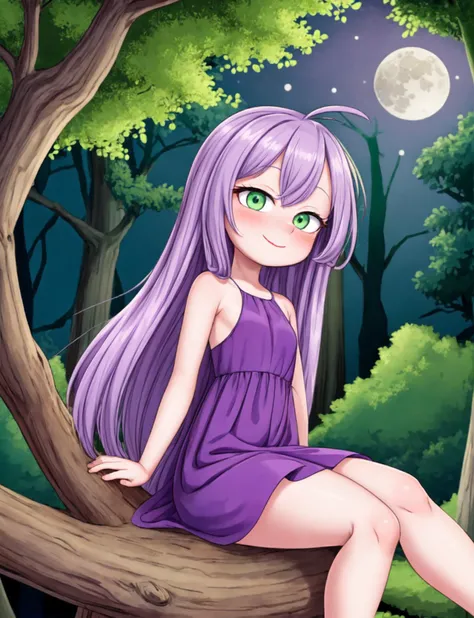 solo,(masterpiece, best quality), madammim sitting on tree, solo, purple hair, long hair, small breasts, long nose, purple dress, green eyes, makeup, happy, blushing, forest, night, dirt path, night, dark, moon, trees, foliage
<lora:madammim-12:0.78>