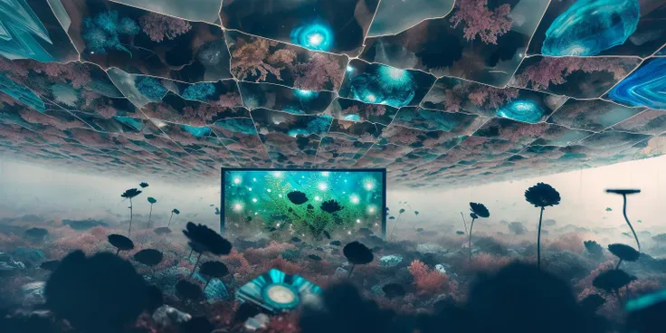1 man, covered by plastic film, humans hide in the mist faded color, view from the huge lens, translucent cracked displays, photorealistic surrealism tangka, (film grain:1.2), (LOMO film effects), abstract collage, mineralogical fractal, mutation black petals, audio equipment wasteland, circuit board interior, best quality, masterpiece