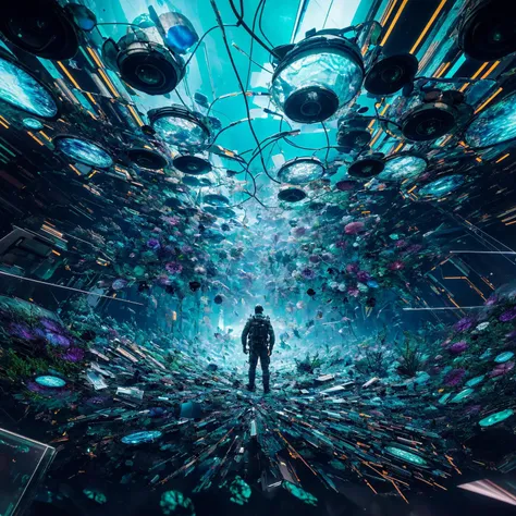 1 man, covered by plastic film, humans hide in the mist faded color, view from the huge lens, translucent cracked displays, photorealistic surrealism tangka, (aesthetic video glitch:1.2), (double exposure), abstract collage, mineralogical fractal, mutation black petals, audio equipment wasteland, circuit board interior, best quality, masterpiece