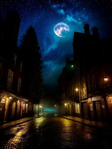 Dark gloomy street of mystic ancient town, nighttime, after the rain, (glowing fog)1,2, muted colors, vintage, aesthetic, (Dark Fantasy)0,9, Otherworldly, Surreal, 16K, dreamy, dark mode, Starlight0,9, moonlight, Ambrotype, beautiful, masterpiece, highest quality