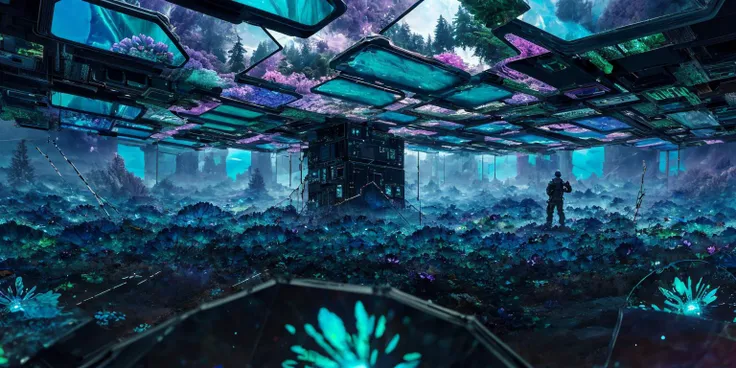 1 man, covered by plastic film, humans hide in the mist faded color, view from the huge lens, translucent cracked displays, photorealistic surrealism tangka, (aesthetic video glitch:1.2), (double exposure), abstract collage, mineralogical fractal, mutation black petals, audio equipment wasteland, circuit board interior, best quality, masterpiece