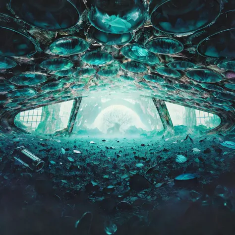 1 man, covered by plastic film, humans hide in the mist faded color, view from the huge lens, translucent cracked displays, photorealistic surrealism tangka, (film grain:1.2), (LOMO film effects), abstract collage, mineralogical fractal, mutation black petals, audio equipment wasteland, nuclear reactor interior, best quality, masterpiece