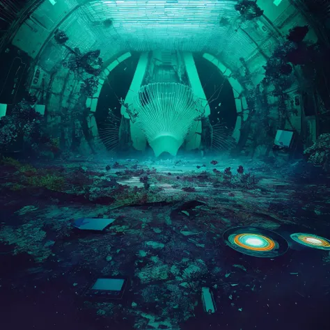 1 man, scale, view from the huge lens, translucent cracked displays, plastic mask, humans hide in the mist faded color, photorealistic surrealism tangka, (film grain:1.2), (LOMO film effects), abstract collage, mineralogical fractal, mutation black petals, audio equipment wasteland, nuclear reactor interior, best quality, masterpiece