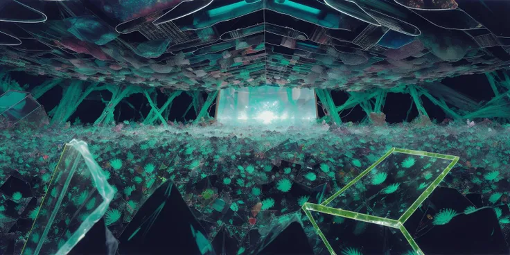 1 man, covered by plastic film, humans hide in the mist faded color, view from the huge lens, translucent cracked displays, photorealistic surrealism tangka, (film grain:1.2), (LOMO film effects), abstract collage, mineralogical fractal, mutation black petals, audio equipment wasteland, circuit board interior, best quality, masterpiece