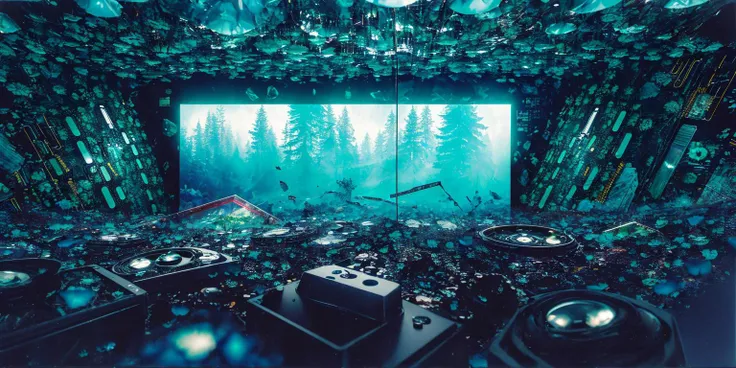 1 man, covered by plastic film, humans hide in the mist faded color, view from the huge lens, translucent cracked displays, photorealistic surrealism tangka, (film grain:1.2), (LOMO film effects), abstract collage, mineralogical fractal, mutation black petals, audio equipment wasteland, circuit board interior, best quality, masterpiece