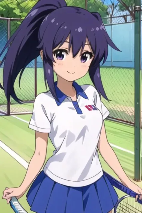(((pixel-perfect, detail-perfect))), solo, 1girl, <lora:yuri-teekyuu-01:0.8>, yuri oshimoto, tennis uniform, looking at viewer, smile