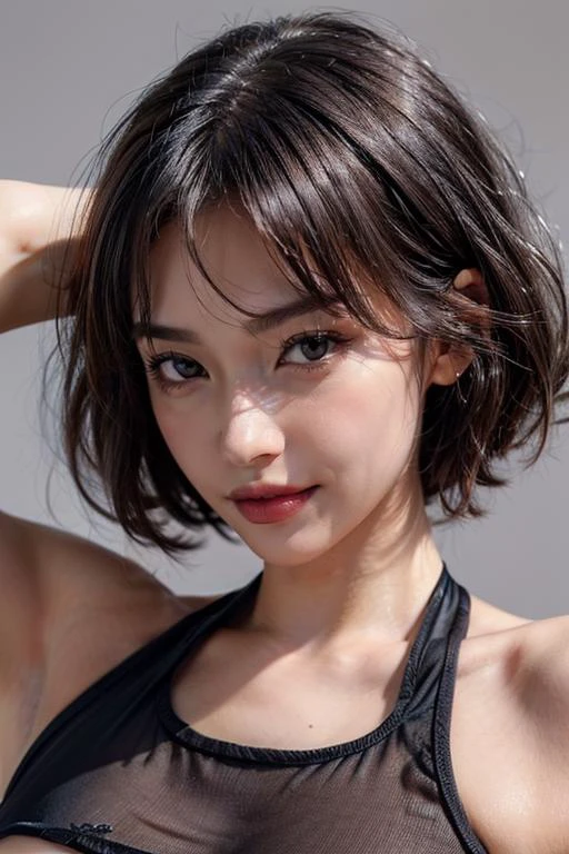 ((!, !!, 1girl, bangs, bare shoulders, black hair, blush, bob cut, breasts, large breasts, lips, mole, mole under eye, mole under mouth, short hair, simple background, solo, upper body)),
/ / High quality texture, intricate details, detailed texture,figure type hourglas, high quality shadow, a realistic representation of the face, Detailed beautiful delicate face, Detailed beautiful delicate eyes,a face of perfect proportion, Depth of field, perspective, perfect body,finely,(detailed beautiful eyes and detailed face), muscular, muscular female, abs, light source contrast,photorealistic, realistic,abs depth,Low % fat, muscle tone, abs beautiful lines,//(pureerosface_v1:0.5) , (ulzzang-6500-v1.1:0.5), <lora:epi_noiseoffset2:1>, <lora:add_detail:0.8>,<lora:more_details:0.35>, <lora:GoodHands-vanilla:1>,<lora:Breasts_Helper_Trail_v2:0.2>,( fake breasts:0.8, large breasts:0.8, bimbo breasts:0.8)