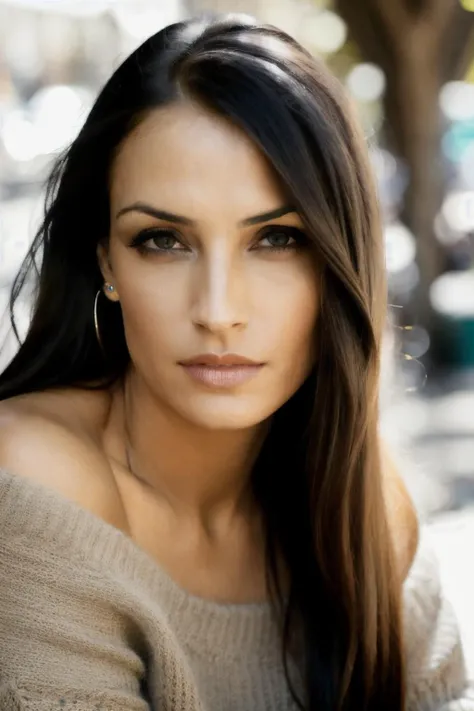 fmk piercing eyes, looking straight,long hair, wearing an off-shoulder sweater, closeup portrait, in a outdoor cafe in 2015, afternoon light, <lyco:FamkeJanssen-RealVision-V1.0:1.0>