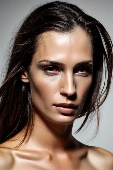 (CR-Famk3Janssen-frankyfrank2k:0.9), (face closeup:1.3) portrait of young woman wearing T-shirt, grey background, tilted pose shot, slick undercut hair, oiled shiny skin,