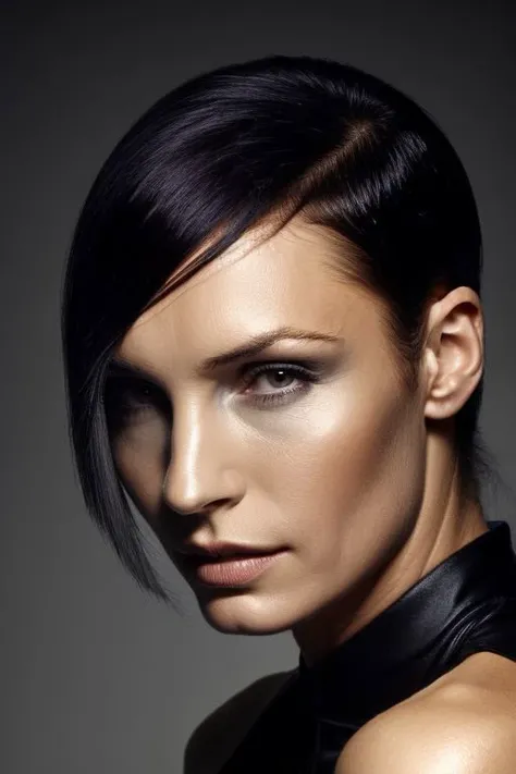 (CR-Famk3Janssen-frankyfrank2k:0.9), (face closeup:1.2) portrait of young woman wearing thin shirt, grey background, (tilted pose shot:1.1), oiled shiny skin, (slick undercut hair:1.1)