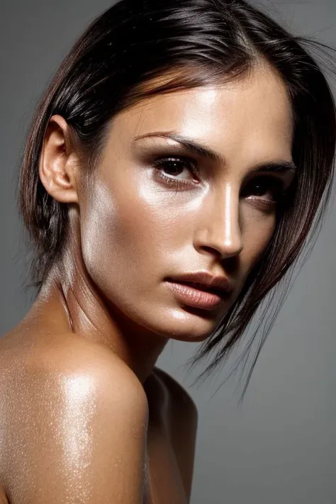 Gorgeous european woman with very short hair, ponytail with fringe, wet hair, hair slicked back, combed straight back, slick hair, streaked brown hair, Shantel VanSanten in a tight wet blouse, cleavage, solid dark grey background