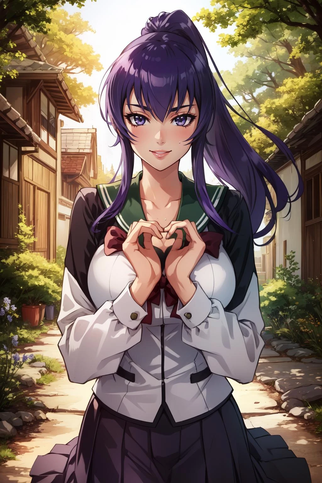 (masterpiece, best quality), intricate details,
1girl, <lora:busujima_saeko-10:0.8> busujima_saeko, purple hair, school uniform, skirt, ponytail, very long hair,
seductive smile, outdoors, forest, sweating, boob sweat, cleavage,making a heart with hands,