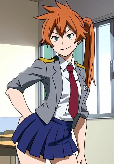 <lora:itsuka_kendou:0.8>, itsuka_kendou, (masterpiece, best quality,perfect lighting), 1girl, solo, smirk, strike a pose, u.a. school uniform, grey jacket, collared shirt, pleated skirt, necktie, white shirt,