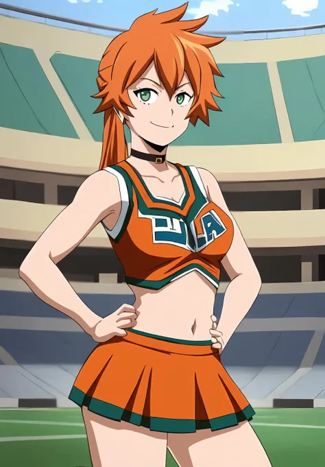 <lora:itsuka_kendou:0.8>, itsuka_kendou, (masterpiece, best quality,perfect lighting), 1girl, solo, smirk, strike a pose, skirt, navel, collarbone, choker, midriff, hand on hip, cheerleader, orange shirt,