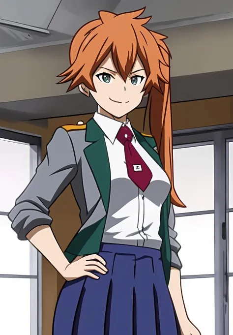 <lora:itsuka_kendou:0.8>, itsuka_kendou, (masterpiece, best quality,perfect lighting), 1girl, solo, smirk, strike a pose, u.a. school uniform, grey jacket, collared shirt, pleated skirt, necktie, white shirt,