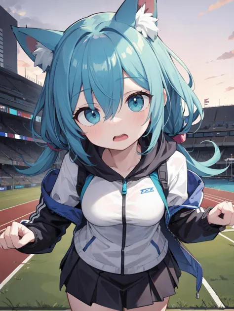 (masterpiece, best quality, highres:1.3), 5girls, medium breasts, twins, dusk, outdoors, running track, monochrome, messy hair, light blue hair, single hair intake, hair over eyes, teal eyes, big eyes, Posing as if blowing a kiss, padded coat, animal ears, tail, skirt up, scared, distress look, shouting, open mouth wide, (from below:0.9), pov, eye contact