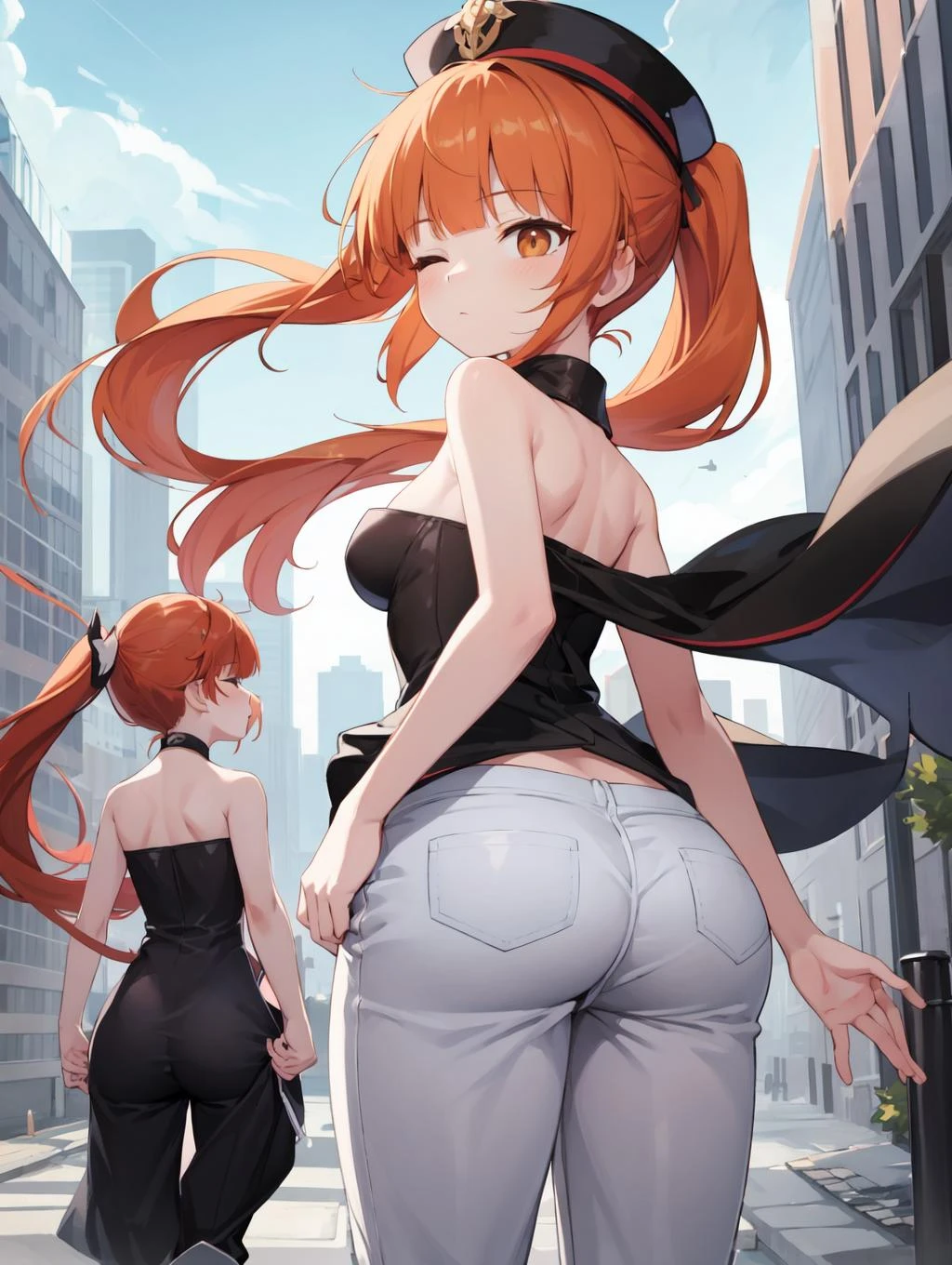 (masterpiece, best quality, highres:1.3), 2girls, small breasts, age, skinny, uncle and niece, wind, outdoors, city, depth of field, split ponytail, orange hair, blunt bangs, messy hair, dark brown eyes, closed eyes, strolling, strapless dress, hat, open pants, lonely, closed mouth, other focus, ass focus, looking back