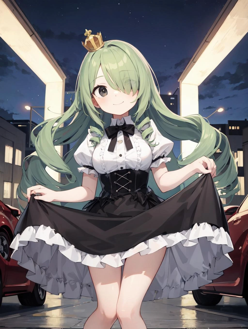 (masterpiece, best quality, highres:1.3), 1girl, solo, medium breasts, hetero, night sky, victorian, sidelighting, twin drills, light green hair, hair over one eye, wavy hair, black eyes, wide-eyed, Posing as if hailing a taxi, flowing dress, crowns, skirt lift, cute face, smile, closed mouth, from outside, feet out of frame, looking up