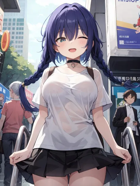 (masterpiece, best quality, highres:1.3), 3girls, large breasts, brother and sister, twilight, outdoors, subway station, cinematic lighting, waterfall braid, blue hair, baby bangs, hair over eyes, peach eyes, closed eyes, striding, shirt, miniskirt, choker, unfastened, happy, open mouth wide, (from below:0.8), head out of frame, looking front