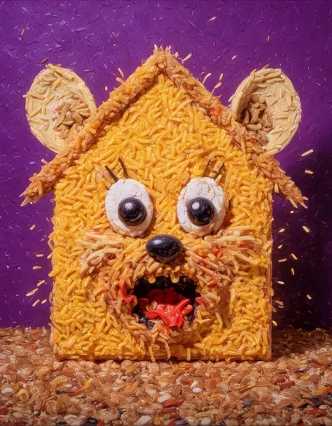 (cute jerry the beige mouse (Tom & jerry), out of the house very quickly with a scared look with a firecracker in the paw, There is a burning house in the background, detailed vivid colors background, HDR, 8k, detailed muzzle,macaroni art