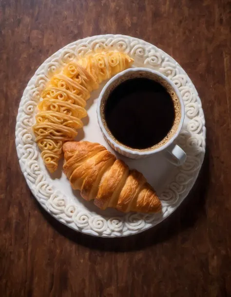 a cup of coffee and a croissant on a plate next to it, macaroni art