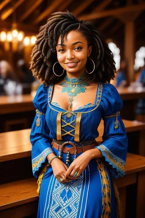 a portrait photo ofyarashahidi, smiling, tattoo, blue dreads, ((((folk dress)))), Ukrainian dress, pronounced feminine feature, insane details, intricate details, hyperdetailed, complex background, medieval tavern, indoor, in the style of greg fredericks