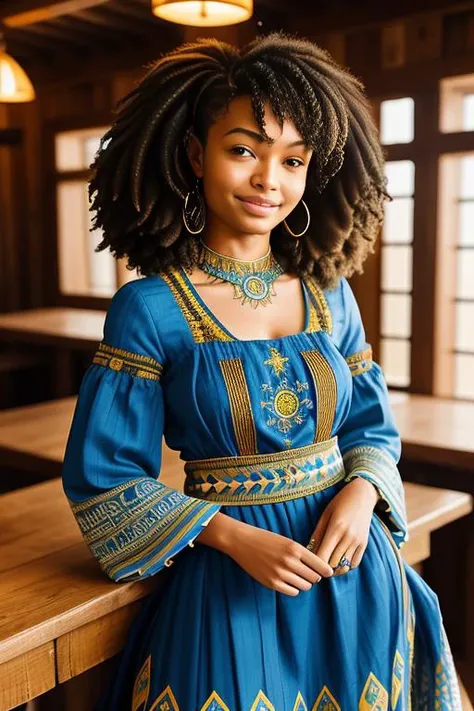 a portrait photo ofyarashahidi, smiling, tattoo, blue dreads, ((((folk dress)))), Ukrainian dress, pronounced feminine feature, insane details, intricate details, hyperdetailed, complex background, medieval tavern, indoor, in the style of greg fredericks