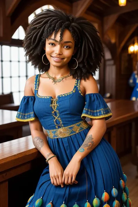 a portrait photo ofyarashahidi, smiling, tattoo, blue dreads, ((((folk dress)))), Ukrainian dress, pronounced feminine feature, insane details, intricate details, hyperdetailed, complex background, medieval tavern, indoor, in the style of greg fredericks
