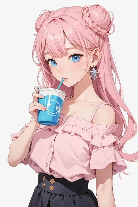 (extremely detailed CG unity 8k wallpaper),(masterpiece),(best quality),(ultra-detailed),(best illustration),(best shadow),(absurdres), Akari Watanabe, 1girl, solo, pink hair, earrings, drinking, jewelry, cup, drinking straw, blue eyes, medium breast, shoulder cutout, long hair, double bun, holding, holding cup, drinking straw in mouth, nail polish, blue nails, clothing cutout, shirt (detailed background)