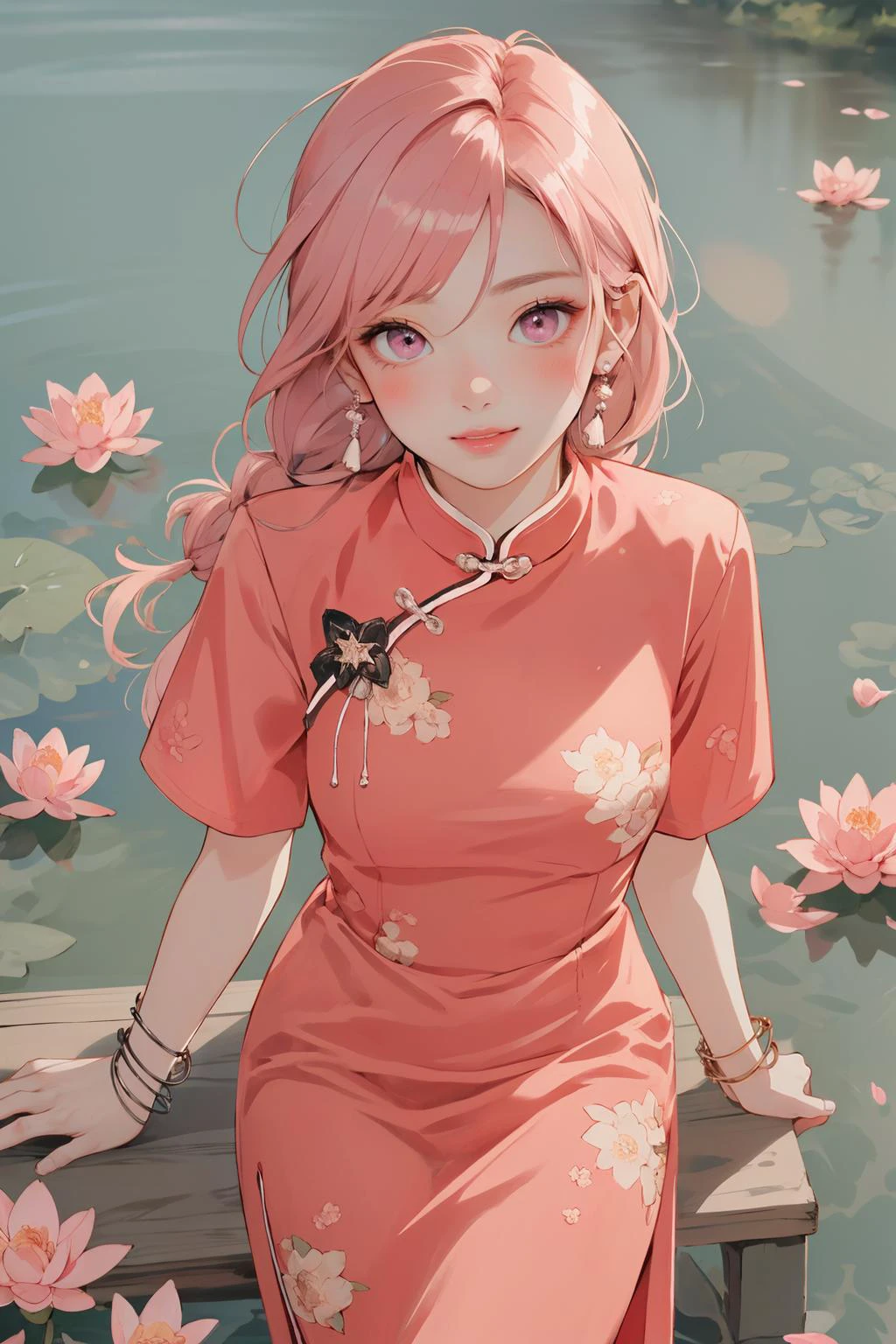 realistic, photorealistic, best quality, masterpiece, ultra high res, finely detailed, quality, realistic lighting, detailed skin, intricate details, raw photo, absurdres, highres, ultra detailed, BREAK, 1girl, solo, looking at viewer, 18 years old, hand of Guido Daniele, (pink long china dress, floral print, birds print, pink hair, long hair, twin braids, colorful, flying petal, jewelry, earrings, bracelet, pink eyes, long eyelashes, cherry blossoms, sun flare, complex background, full-face blush, smile, happy, parted lips, from above, viewing from above, hand on head, picnic basket, in field of flowers, classic chinese pavilion in background, lake, lotus flowers in lake, outdoors, garden, thighs, leaning forward, solo focus, blush), (beautifu and aesthetic face, detailed face, clean facial features, an extremely delicate and beautiful, beautiful detailed eyes, stars in the eyes, Pink lips, Glowing Eyes, perfect face, detailed pupils, Makeup:1.1), (nice hands, sexy, slim, large breasts, skinny, narrow waist, human anatomy:1.1), (detailed light, beautiful detailed glow, detailed background:1.1), (reflection, refraction, Rembrandt lighting, diffuse lighting, radiosity, photon mapping, subsurface scattering, dynamic lighting, Multi-exposure HDR capture, Screen Space Global Illumination, Ray Tracing, Lumen Reflections, Tone Mapping, volumetric lighting, Circular polarizer, broad lighting, dramatic lighting:1.1), BREAK, explosive light and shadow, sharp focus, film grain, rim lighting, two tone lighting, rim light, Overdetailed art, official art, beautiful and aesthetic, beautiful, elegant, vivid colours, warm tone, soft light, delicate, Ultrarealistic, Detailed illustration, extremely detailed CG Unity 8k wallpaper, PBR Texturing, huge filesize, 8k uhd, octane render, unreal engine 5, BREAK, <lora:GoodHands-beta2:1>, <lora:ChinaDressStyle1_Remake:0.8>