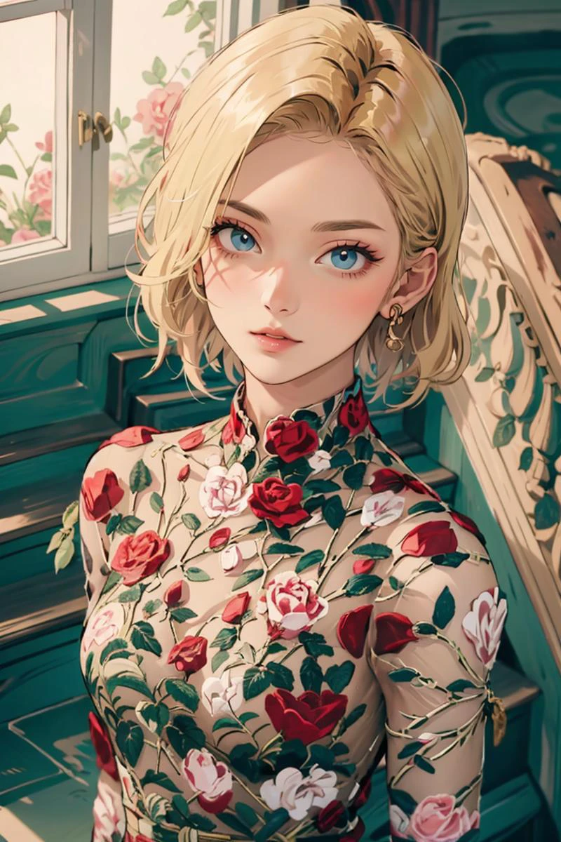 upper body, from above, looking at viewer, and18, 1girl, android 18, solo, blonde hair, blue eyes, short hair, ruanyi0223, earrings, flower, shiny skin, beautiful face, beautiful eyes, indoors, royal place, stairs, window, chandelier, <lora:0223 flower_v1:0.8>, <lora:h_madoka_android_18_v1.0:0.6>