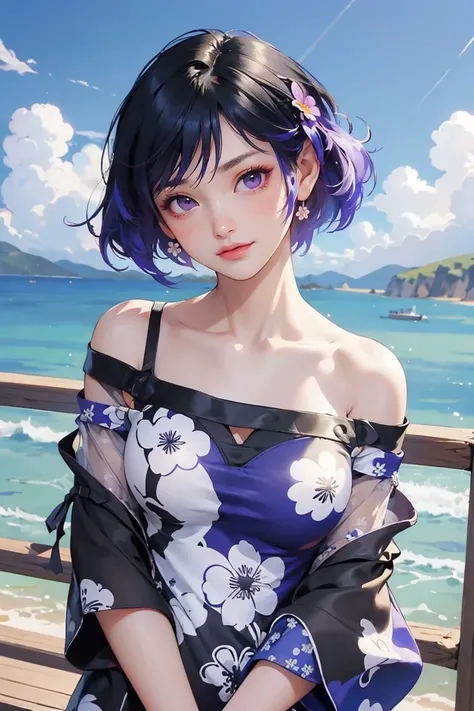 (masterpiece, best quality:1.3), looking at viewer, upper body, portrait, 1girl, solo, reina, purple eyes, multicolored hair, beautiful eyes, beautiful face, shiny skin, glossy skin, (floral printed dress, off-shoulder dress:1.3), blue sky, scenery, ocean view, <lora:novowel_reina:0.8>