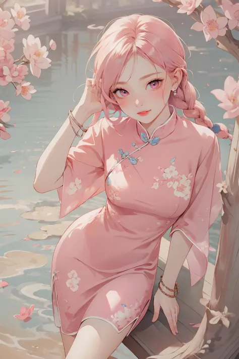 realistic, photorealistic, best quality, masterpiece, ultra high res, finely detailed, quality, realistic lighting, detailed skin, intricate details, raw photo, absurdres, highres, ultra detailed, BREAK, 1girl, solo, looking at viewer, 18 years old, hand of Guido Daniele, (pink long china dress, floral print, birds print, pink hair, long hair, twin braids, colorful, flying petal, jewelry, earrings, bracelet, pink eyes, long eyelashes, cherry blossoms, sun flare, complex background, full-face blush, smile, happy, parted lips, from above, viewing from above, hand on head, picnic basket, in field of flowers, classic chinese pavilion in background, lake, lotus flowers in lake, outdoors, garden, thighs, leaning forward, solo focus, blush), (beautifu and aesthetic face, detailed face, clean facial features, an extremely delicate and beautiful, beautiful detailed eyes, stars in the eyes, Pink lips, Glowing Eyes, perfect face, detailed pupils, Makeup:1.1), (nice hands, sexy, slim, large breasts, skinny, narrow waist, human anatomy:1.1), (detailed light, beautiful detailed glow, detailed background:1.1), (reflection, refraction, Rembrandt lighting, diffuse lighting, radiosity, photon mapping, subsurface scattering, dynamic lighting, Multi-exposure HDR capture, Screen Space Global Illumination, Ray Tracing, Lumen Reflections, Tone Mapping, volumetric lighting, Circular polarizer, broad lighting, dramatic lighting:1.1), BREAK, explosive light and shadow, sharp focus, film grain, rim lighting, two tone lighting, rim light, Overdetailed art, official art, beautiful and aesthetic, beautiful, elegant, vivid colours, warm tone, soft light, delicate, Ultrarealistic, Detailed illustration, extremely detailed CG Unity 8k wallpaper, PBR Texturing, huge filesize, 8k uhd, octane render, unreal engine 5, BREAK, <lora:GoodHands-beta2:1>, <lora:ChinaDressStyle1_Remake:0.8>