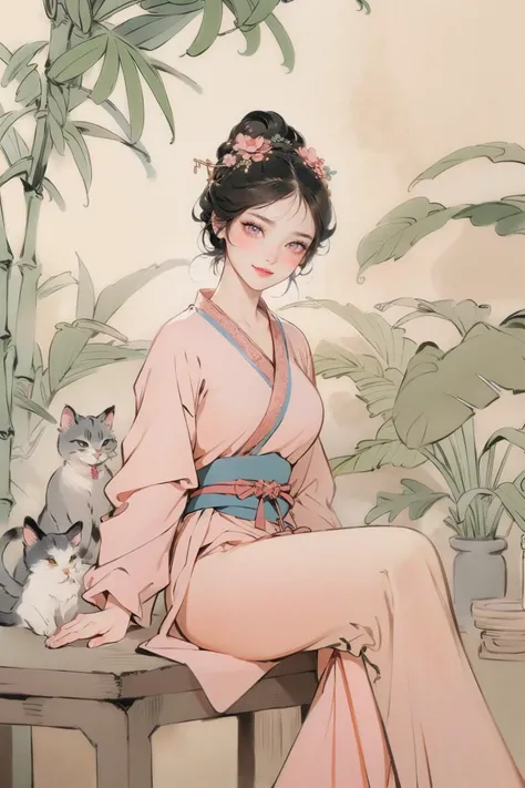 realistic, photorealistic, best quality, masterpiece, ultra high res, finely detailed, quality, realistic lighting, detailed skin, intricate details, raw photo, absurdres, highres, ultra detailed, BREAK, 1girl, solo, looking at viewer, 18 years old, hand of Guido Daniele, (jewelry, black hair, full body, hanfu, white background, sitting on stone, flower, bamboo, (cat:1.3), Exquisite floral, hair ornament, tree, butterfly, hair flower, table, vase, high contrast colours, vibrant colors, smug expression, grin, Dynamic Pose, Dynamic Angle, colorful, long eyelashes, complex background, full-face blush, parted lips, solo focus, blush), (beautifu and aesthetic face, detailed face, clean facial features, an extremely delicate and beautiful, beautiful detailed eyes, stars in the eyes, Pink lips, Glowing Eyes, perfect face, detailed pupils, Makeup:1.1), (nice hands, sexy, slim, large breasts, skinny, narrow waist, human anatomy:1.1), (detailed light, beautiful detailed glow, detailed background:1.1), (reflection, refraction, Rembrandt lighting, diffuse lighting, radiosity, photon mapping, subsurface scattering, dynamic lighting, Multi-exposure HDR capture, Screen Space Global Illumination, Ray Tracing, Lumen Reflections, Tone Mapping, volumetric lighting, Circular polarizer, broad lighting, dramatic lighting:1.1), BREAK, explosive light and shadow, sharp focus, film grain, rim lighting, two tone lighting, rim light, Overdetailed art, official art, beautiful and aesthetic, beautiful, elegant, vivid colours, warm tone, soft light, delicate, Ultrarealistic, Detailed illustration, extremely detailed CG Unity 8k wallpaper, PBR Texturing, huge filesize, 8k uhd, octane render, unreal engine 5, BREAK, <lora:GoodHands-beta2:1>, <lora:baimeitu1.0:1>
