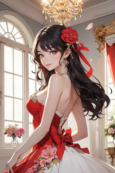 (masterpiece, best quality, beautiful and aesthetic:1.3), 1girl, solo, smile, upper body, looking at viewer, glossy skin, shiny skin, beautiful face, beautiful eyes, <lora:edgFlowerGownv1:1>, red ballgown, edgPetal, a woman wearing a ballgown made of flower petals, wearing edgPetal, indoors, ball room, chandelier, windows, standing, posing