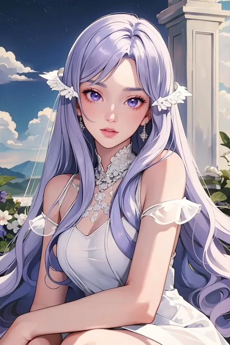 masterpiece, best quality, beautiful and aesthetic, upper body, portrait, looking at viewer, 1girl, solo, sh0rtj3w3lw3ddr3ss, very long hair, light purple hair, swept bangs, purple eyes, quinella, quinella_(SAO), short wedding dress, pantyhose, see-through, outdoors, sky view, scenery, glossy skin, shiny skin, beautiful face, beautiful eyes, <lora:sh0rtj3w3lw3ddr3ss:0.7>, <lora:quinella_(sao)_v10:0.6>