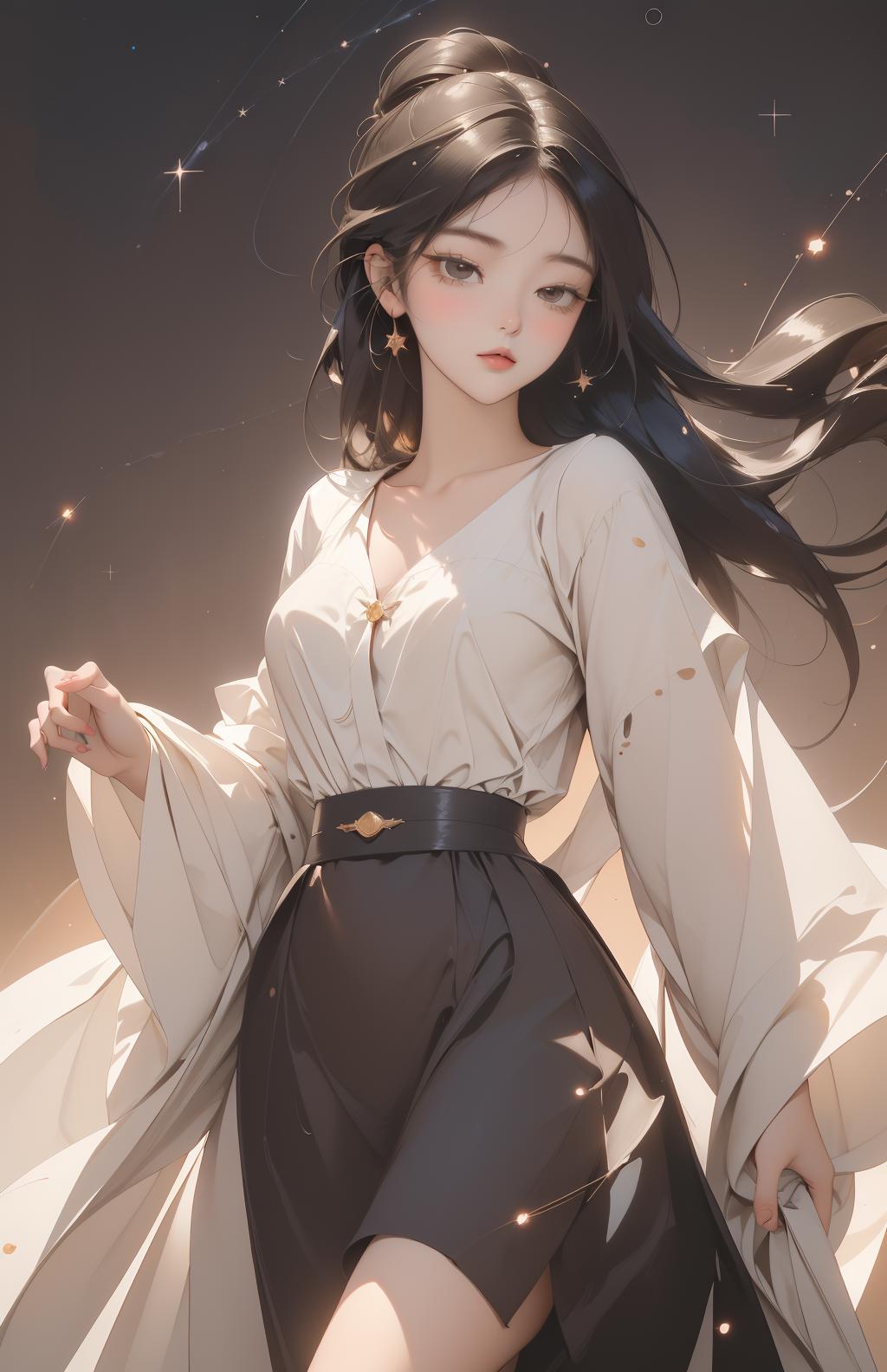 A woman in a white shirt and black skirt is standing in the sand ...