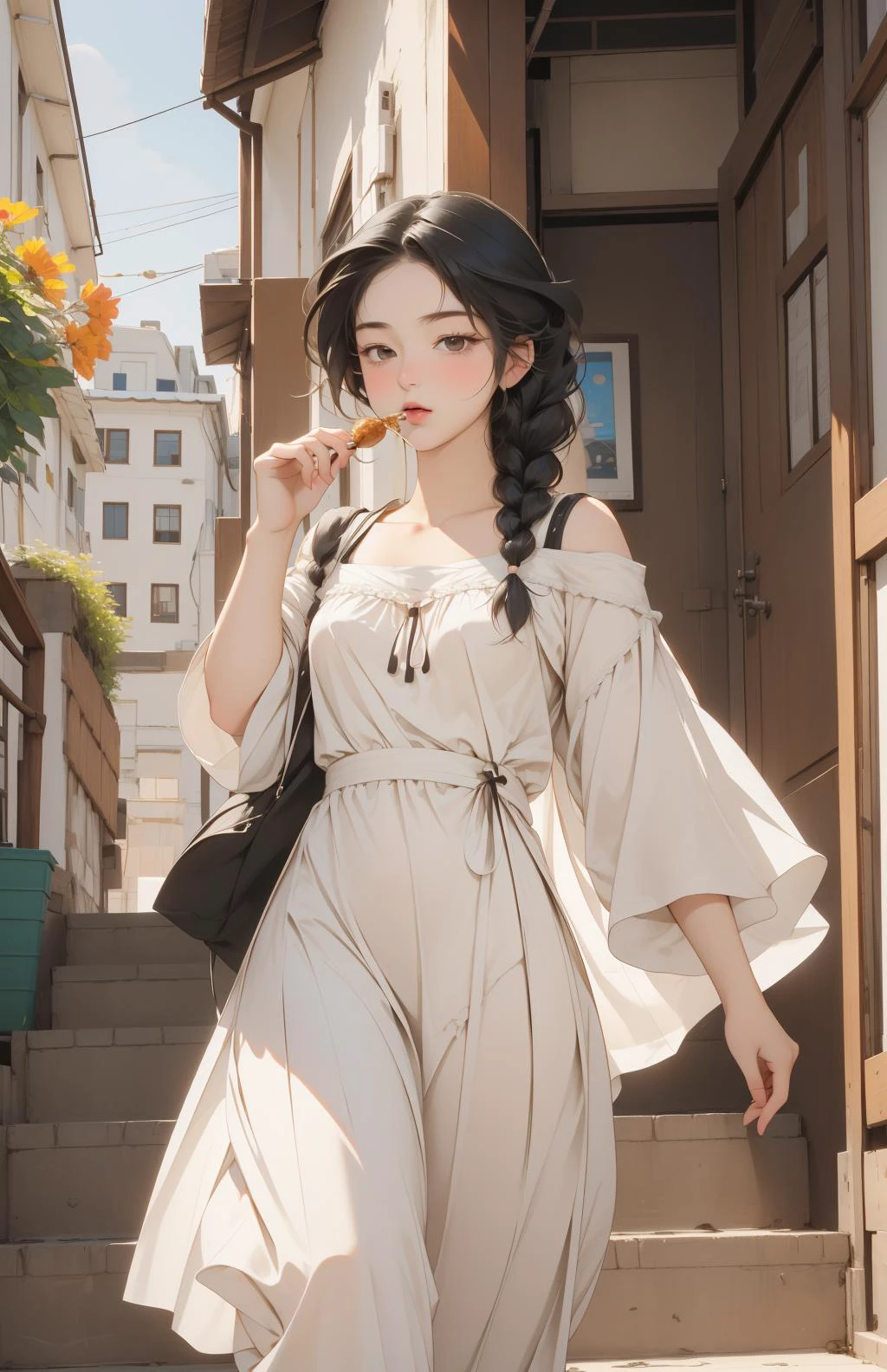 1girl, Intuitive Glad short traditional Russian Male [Fairy:Mark Ruffalo:2] of Change, he is eating daidzein, he is Walking up a stairs, wearing Wind, his hair is traditional Ashkenazi and styled as Milkmaid braid
